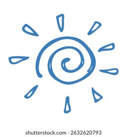 Ícone de sol azul desenhado à mão em estilo doodle. Elemento de verão mediterrâneo para menu italiano, casamento, estampas, convite. Projeto de esboço de tinta da praia de verão. Plana tropical minimalista isolado vetor ilust