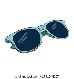 Hand Drawn Blue Sunglasses. Line drawing blue sunglasses isolated vector illustration on white background, flat style
