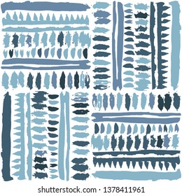 Hand drawn blue tribal patchwork seamless vector pattern. Great for home decor, stationery, apparel, backdrops.