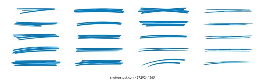 Handgezeichnete blaue Unterstreichung und Markierstriche gesetzt, Pinsel und Marker doodle Linien, abstrakte Betonungselemente Vektor einzeln auf transparentem Hintergrund