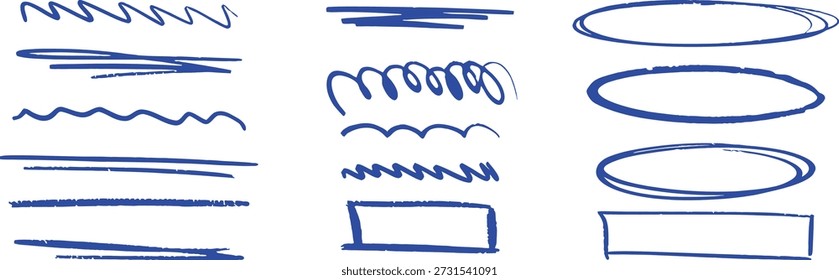 Conjunto de trazos de subrayado y resaltado azul dibujado a mano. Las líneas de marcador y las Formas incompletas añaden un énfasis casual al texto. Perfecto para notas, presentaciones de infografías y Diseño gráfico creativo.