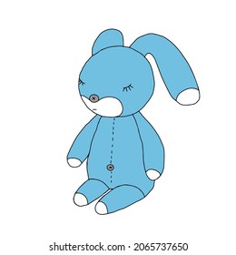 Una ilustración vectorial azul dibujada por la mano que ilustra un hermoso liebre o conejo joven durmiendo sobre un fondo blanco