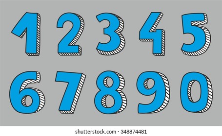 Hand drawn blue vector numbers isolated on grey background