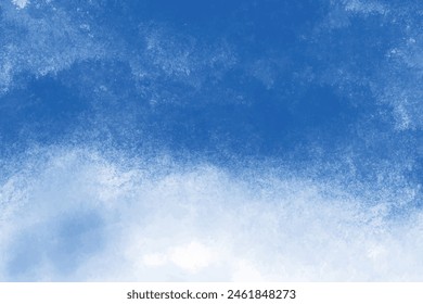 Hand drawn blue wash gradient pastel watercolor blue banner. Navy blue watercolor poster frame image. Abstract ink blue white sky clouds texture paint splash background, salt textured effect.