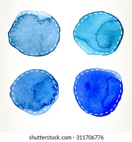 Hand drawn blue watercolor circles with dash outline, isolated over white.