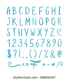 Hand drawn blue watercolor font with punctuation marks on white background. Font contains question mark, exclamation point, period, comma, dash, hyphen, bracket, parenthesis. Vector illustration.