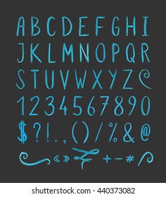 Hand drawn blue watercolor font with punctuation marks on black background. Font contains question mark, exclamation point, period, comma, dash, hyphen, bracket, parenthesis. Vector illustration.