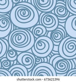 Hand Drawn Blue Waves and Spirals Seamless Pattern. Repeating graphic design. Hand drawn elements. 