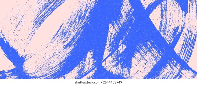 Hand drawn blue wavy brush strokes background with noise effect. Bold paint smears. Modern stipple sand effect. Vector trendy texture of sand splatter. Graffiti blue bg. Abstract scattered tiny dots.