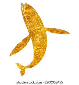 Hand drawn blue whale in gold foil texture vector illustration