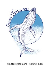Hand drawn blue whale vector round illustration. Big wave and sea fish in vintage style. Outdoor activity travel symbol, tourism. Engraved illustration for poster, tattoo, t-shirt and card design.