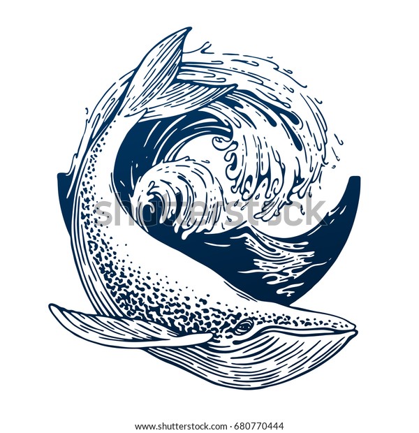 手描きの青いクジラのベクター画像丸いイラスト ビンテージスタイルの大波と海魚 屋外活動の旅のシンボル 観光 ポスター タトゥー Tシャツ カードデザインの彫刻イラスト のベクター画像素材 ロイヤリティフリー Shutterstock