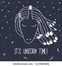 Hand Drawn blue and White Doodle unicorn art card in Kids Style. Illustrations Drawing Vector Sketch for textile, print card, postcard, text, invitation, poster, background, book, t-shirt print