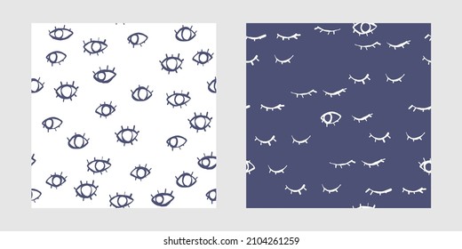 Hand drawn blue, white eyes abstract geometric seamless modern patterns doodle set. Cute vector collection for paper, fabric, book, kitchen, children.