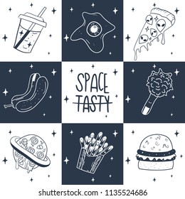 Hand Drawn Blue and White grid space fast food pattern. Illustrations Drawing Vector Sketch for textile, print, postcard, text, invitation, poster, background,wallpaper
