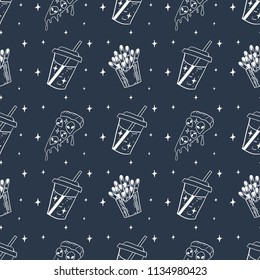 Hand Drawn Blue and White potato, pizza, drink in space Doodle pattern. Illustrations Drawing Vector Sketch for textile, print, poster, background, book, t-shirt, wallpaper