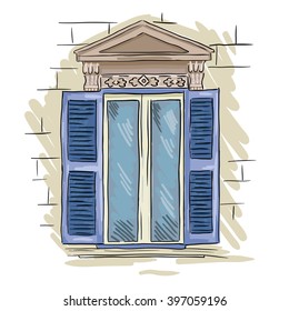 Hand drawn blue window. Vintage artistic architecture window with blue shutters