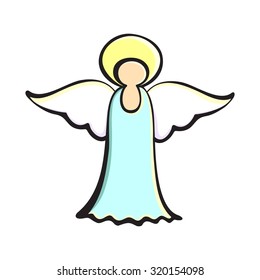 Hand drawn blue xmas angel on the white background. Vector illustration