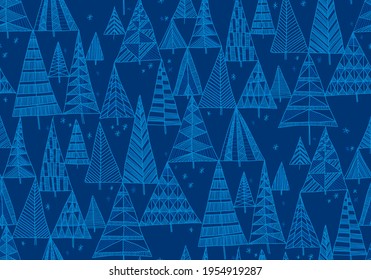 Handgezeichnete blaue Weihnachtsbaum nahtlose Muster für Hintergrund, Stoff, Textil, Wrap, Oberfläche, Web und Print Design. Textile Vektorfliese mit Linie Kunst Weihnachtsbaumwald.