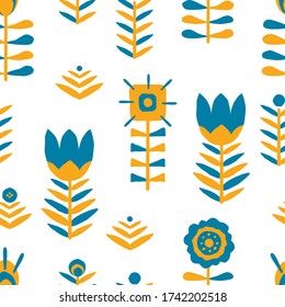 Hand drawn blue and yellow folk flower seamless pattern. Paper cut floral scandinavian seamless pattern. Vector illustration