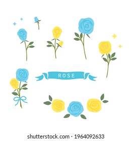 Hand drawn blue and yellow rose flower illustration set	