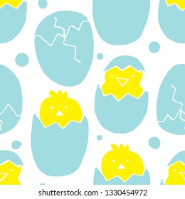 Hand Drawn Blue and Yellow Seamless Pattern with Chickens, Flowers, Eggs and Sun on White Background. Doodle or Sketched Funny Chicks Illustration