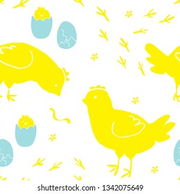 Hand Drawn Blue and Yellow Seamless Pattern with Chickens, Flowers, Eggs and Sun on White Background. Doodle or Sketched Funny Chicks Illustration