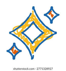 Hand drawn blue and yellow sparkle icon in playful doodle style, suggesting light, magic, cleanliness, or high quality on a white background, simple and whimsical design