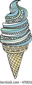 Hand drawn blue zentangle ice cream illustration