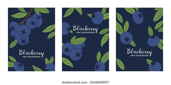 Hand drawn blueberries posters. Blueberry with leaves, delicious blueberries flat vector background illustration set. Juicy blueberry backdrops