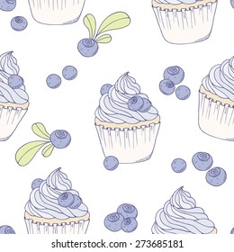 Hand drawn blueberry cupcake seamless pattern. Vector illustration. Sweet food background