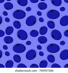 Hand drawn blueberry fruit doodle repeating pattern background. Blue background