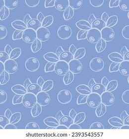 Hand drawn blueberry with leaves seamless pattern. Wild bilberry background. Organic whortleberry print for textile, packaging, production design, vector illustration