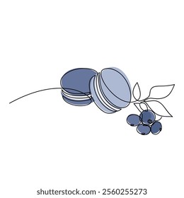 Hand drawn blueberry macaroons. Dessert line continuous drawing. Linear pastry vector icon. Abstract illustration, cartoon print, card, bakery logo, sign symbol, menu, poster