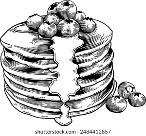 Handgezeichneter Heidelbeerpfannkuchen und Ahornsirup Skizze Illustration