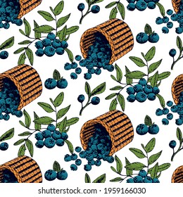 Hand drawn blueberry seamless pattern. Isolated berry branch sketch on white background. Summer fruit engraved style illustration. Detailed hand drawn vegetarian food. Great for label, poster, print