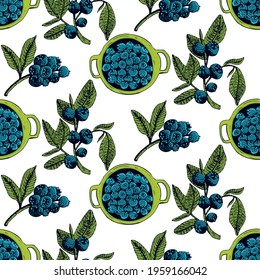 Hand drawn blueberry seamless pattern. Isolated berry branch sketch on white background. Summer fruit engraved style illustration. Detailed hand drawn vegetarian food. Great for label, poster, print