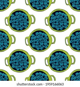 Hand drawn blueberry seamless pattern. Isolated berry branch sketch on white background. Summer fruit engraved style illustration. Detailed hand drawn vegetarian food. Great for label, poster, print