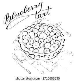 Hand drawn blueberry tart with icing and shavings, sketch style vector illustration isolated on white background. Realistic hand drawing of tart with blueberries