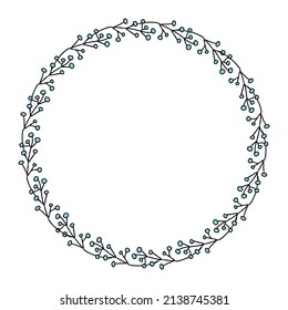 Hand drawn blueberry wreath isolated on white background. Perfect for party invitations, greeting cards and print. Floral vector illustration for decor and design.