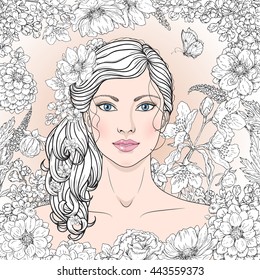 Hand drawn blue-eyed girl with flowers and butterfly. Black and white doodle floral frame for coloring. Monochrome image of woman with long curly hair. Vector sketch. 