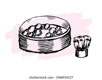 Hand drawn blush in balls with brush in sketch style. Doodle engraving cosmetics. Vector makeup illustration