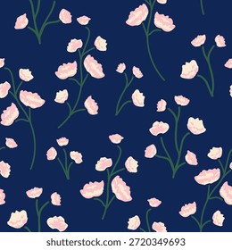 Flores y subgrupos ruborizados dibujados a mano en un jardín de medianoche como un patrón botánico minimalista en colores de rosa, blanco y verde sobre fondo azul. Patrón de Vector sin costuras floral. Ideal para la decoración del hogar, tela, Fondo de pantalla, envoltura de regalo, papelería, proyectos de diseño de embalaje.