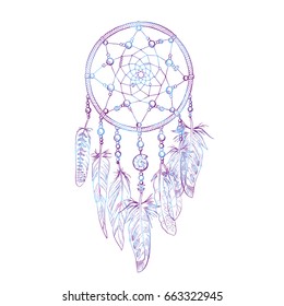 Hand drawn bo ho ornate Dream catcher with feathers, gemstones. Astrology, spirituality, magic symbol. Ethnic tribal element. Vector illustration