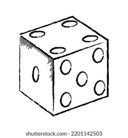 Hand drawn board game element. Linear icon with numbered dice with dots on each face. Simple design element for advertising poster or packaging. Cartoon flat vector illustration in doodle style