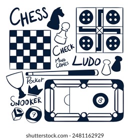 Hand drawn Board games sports scribbles. Board games drawing doodles vector. Chess Pool Snooker Ludo drawing