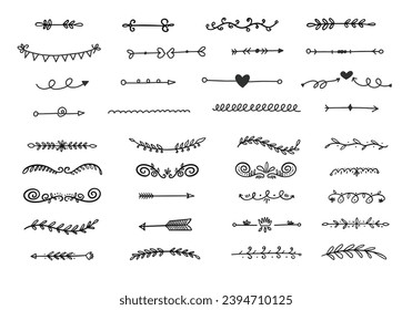 Borde dibujado a mano y conjunto de divisores. Elementos de doodle de color negro en estilo de caricatura. Arte vectorial aislado de fondo blanco.