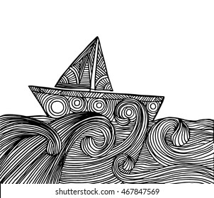 Hand Drawn Boat on the waves. Raster version. Vector Paper ship  with doodle sea waves on White Background. Sketchy style