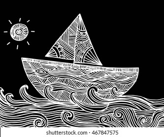 Hand Drawn Boat on the waves. Raster version. Vector Paper ship and sun with doodle sea waves on Black Background. Sketchy style