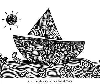 Hand Drawn Boat on the waves. Raster version. Vector Paper ship and sun with doodle sea waves on Black Background. Sketchy style